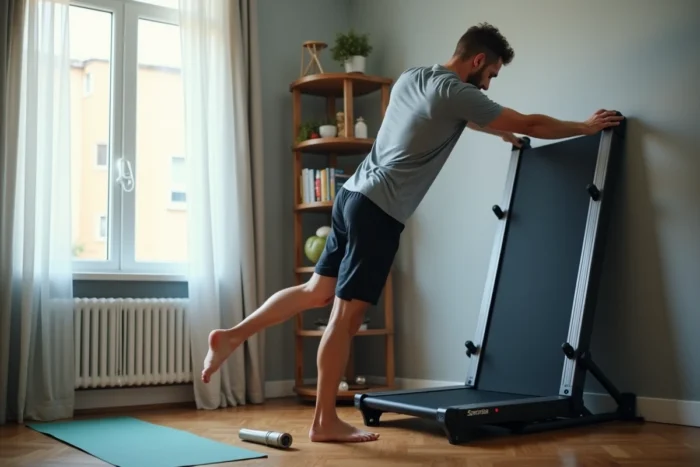 Homme s'étirant à côté d'un tapis de course ISE SY-1005 plié dans un appartement moderne