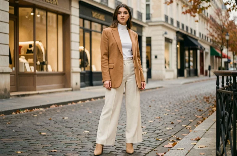 Femme élégante portant un blazer oversize camel et un pantalon large crème dans une rue pavée parisienne en automne, style tendance mode saison