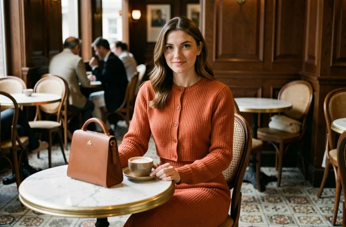 Femme portant un co-ord en maille rouille assise dans un café parisien vintage avec sac à main en cuir cognac, look mode tendance automne-hiver