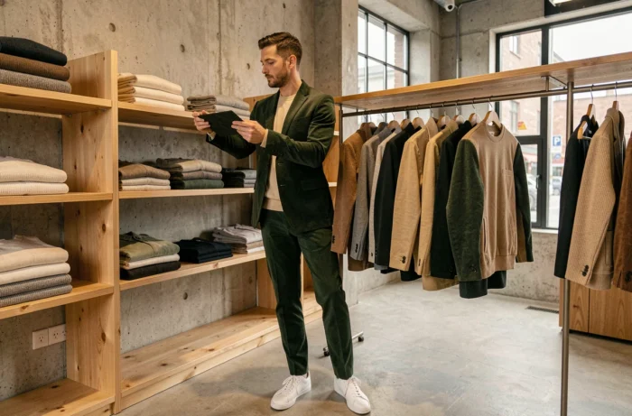 Homme tendance en costume velours côtelé vert sapin feuilletant des vêtements dans un concept store minimaliste au design industriel