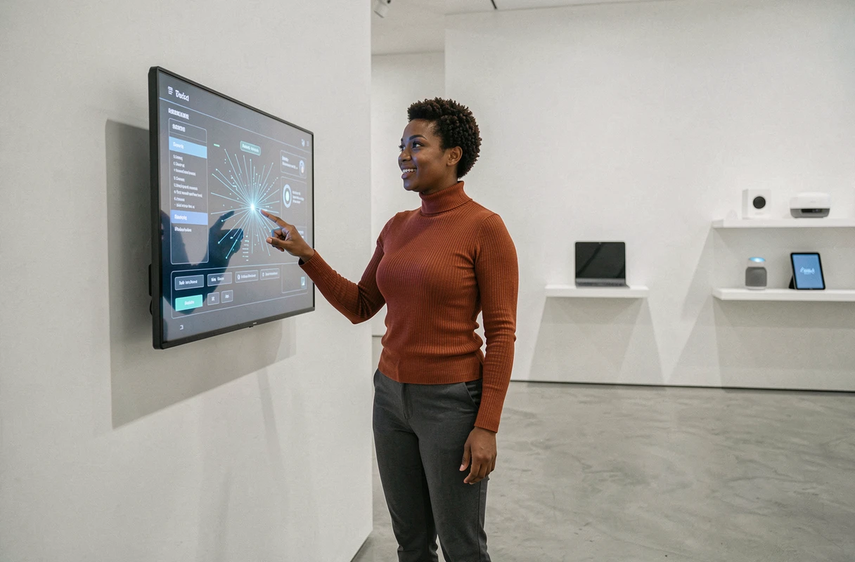 Femme interagissant avec un écran tactile interactif dans un showroom de technologies innovantes et geek