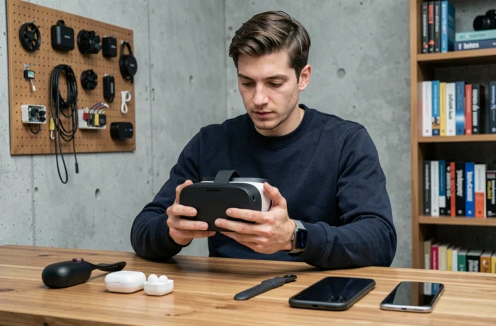 Jeune homme explorant les dernières tendances high-tech avec casque VR et gadgets connectés sur un bureau moderne