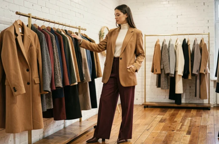 Jeune femme en blazer camel oversize et pantalon large bordeaux dans une boutique de mode parisienne minimaliste
