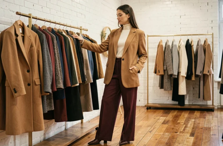 Jeune femme en blazer camel oversize et pantalon large bordeaux dans une boutique de mode parisienne minimaliste