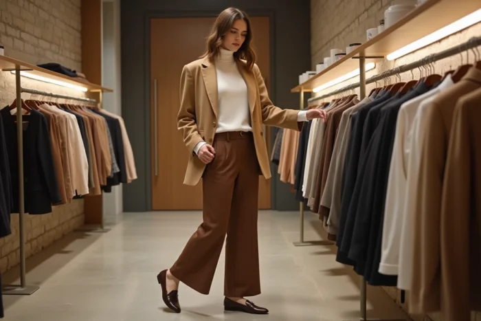 Femme élégante en blazer camel oversize dans une boutique de mode parisienne, illustrant les tendances mode de la saison