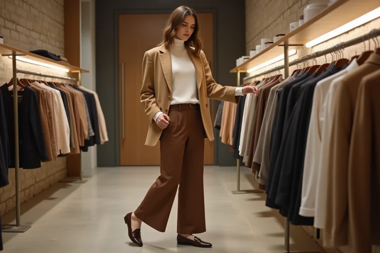 Femme élégante en blazer camel oversize dans une boutique de mode parisienne, illustrant les tendances mode de la saison