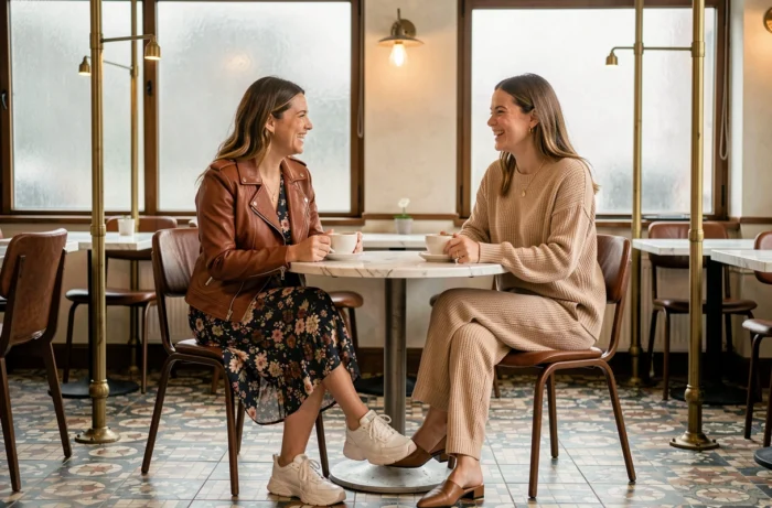 Deux femmes en tenues tendance automne-hiver assises dans un café parisien au décor vintage et moderne