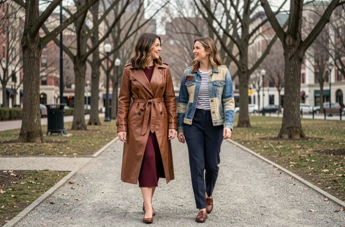 Deux femmes élégantes aux styles contrastés marchant dans un parc urbain automnal, tendances mode manteau en cuir et veste en jean patchwork