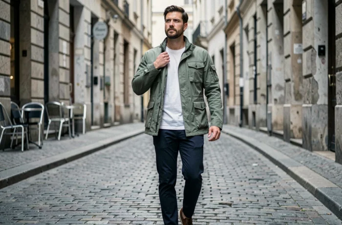 Homme en veste utility vert sauge et chino marine dans une rue pavée européenne au style éditorial