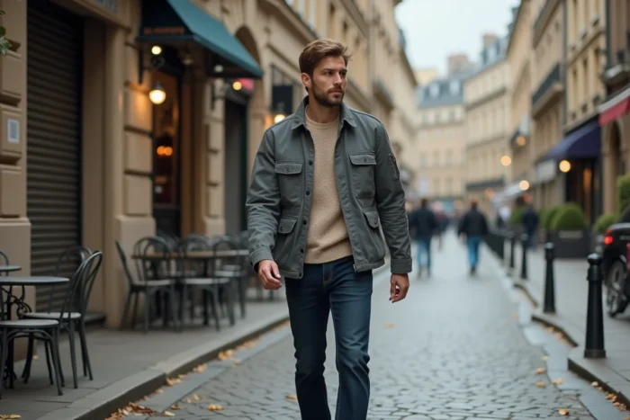 Homme tendance en veste utilitaire grise marchant dans une rue pavée européenne en automne, look mode masculin contemporain