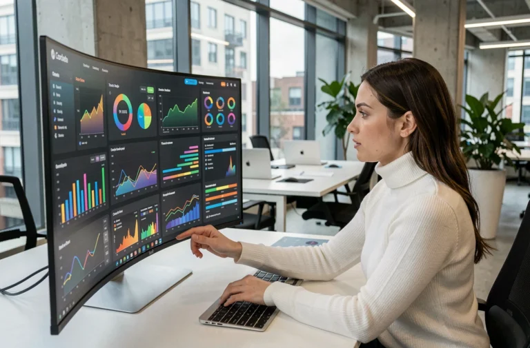 Femme professionnelle utilisant un écran ultrawide avec des interfaces numériques dans un bureau moderne high-tech