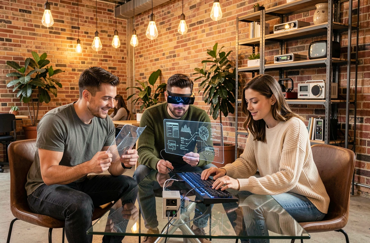 Groupe de professionnels testant des gadgets geek futuristes dans un espace de coworking branché