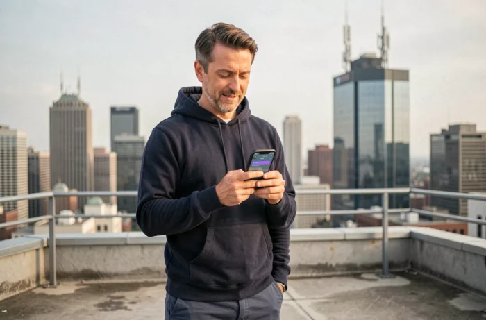 Homme consultant une application mobile sur un toit urbain avec une skyline technologique en arrière-plan