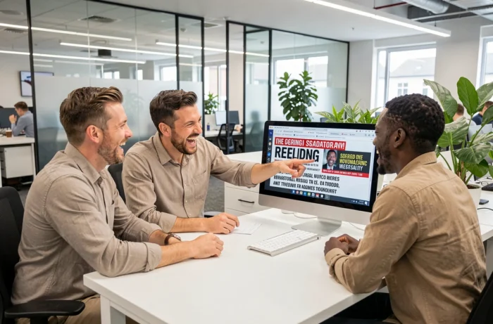 Groupe de collègues réagissant avec surprise à des tendances virales sur un écran de bureau en open space