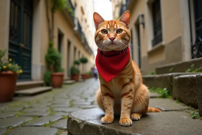 Chat tigré orange élégant avec un foulard rouge assis dans une cour parisienne en pierre, évoquant Thomas O'Malley des Aristochats