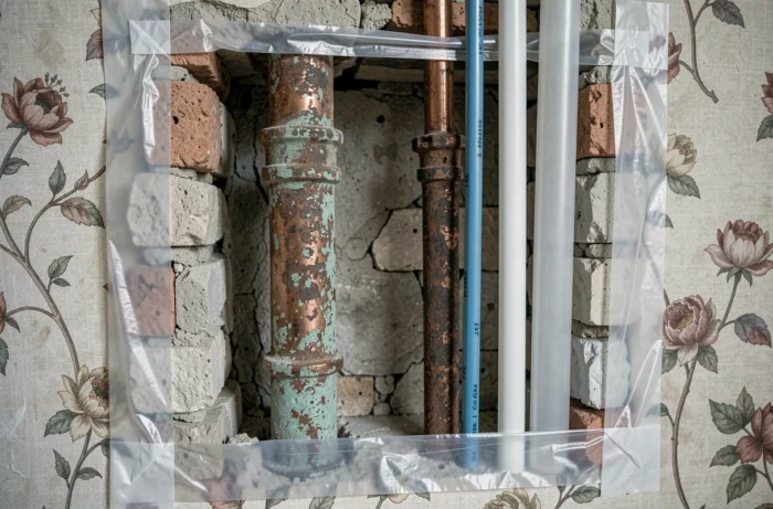 Contraste entre tuyaux en plomb anciens et nouvelles canalisations PEX dans un mur d'une maison classée à Bruxelles