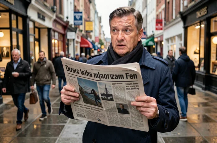 Homme tenant un journal avec une une insolite dans une rue urbaine animée, expression intriguée