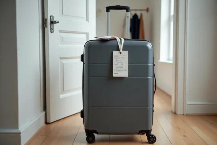 Valise grise avec étiquette bagage imprimée attachée à la poignée avant un voyage