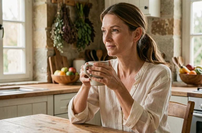 Femme dans la quarantaine attablée dans une cuisine familiale chaleureuse, tenant une tasse, ambiance vie privée et intimité domestique