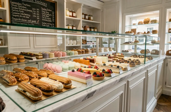 Vitrine de pâtisserie artisanale avec macarons colorés, éclairs et entremets au glaçage miroir dans une boutique élégante